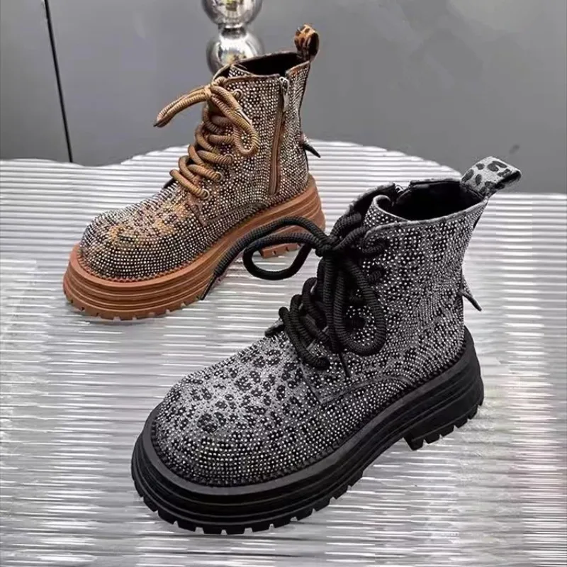 

Diamond Full Diamond Leopard Lace-Up Tooling Motorcycle Boots Short Boots Joker Women'S Boots