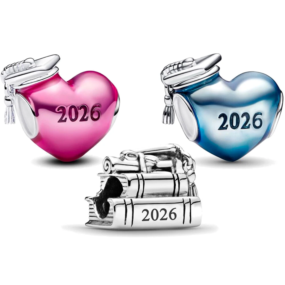 Berloque de Formatura 2026: Pingente de Coração e Diploma para Capelo de Formatura, Compatível com Pulseira Original Pan, Joia Feminina DIY, Presente de Formatura