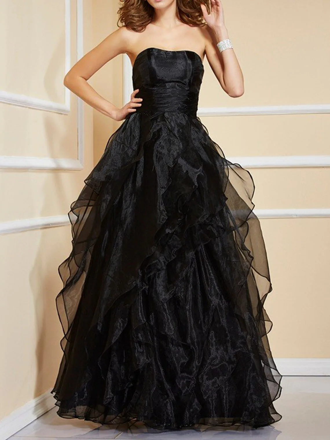 Robe de soirée trapèze en Organza, élégante, sans bretelles, sans manches, longueur au sol, avec volants, robe de bal, personnalisée gratuitement, 2025