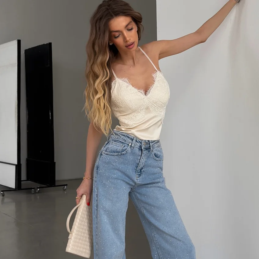 2026 Spring Summer New Arrival Women Fashion Elegant Office Work Versatile Sexy Lace V Neck Spaghetti Strap Tank Top Chic Trendy