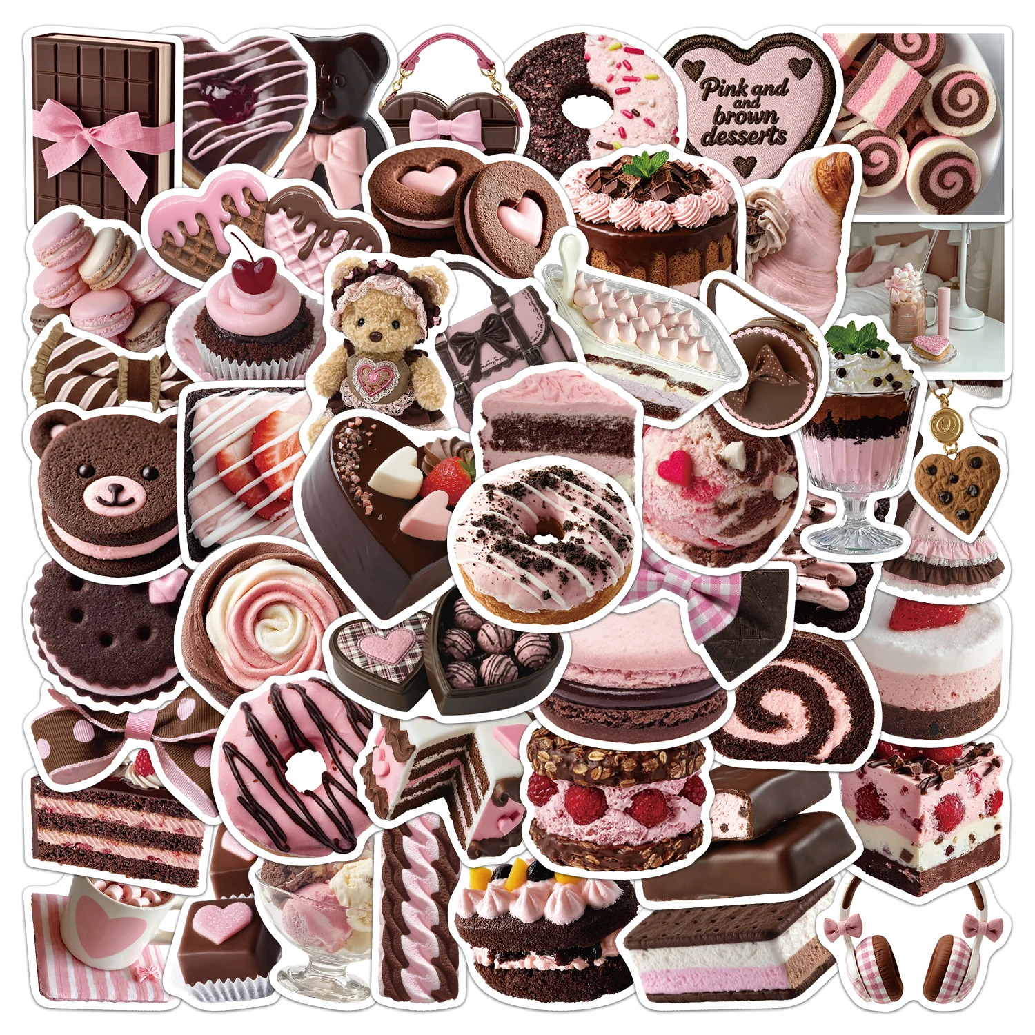 50PCS Pink and Brown Desserts Stickers DIY Phone Case Laptop Water Cup Computer Toy Stickers