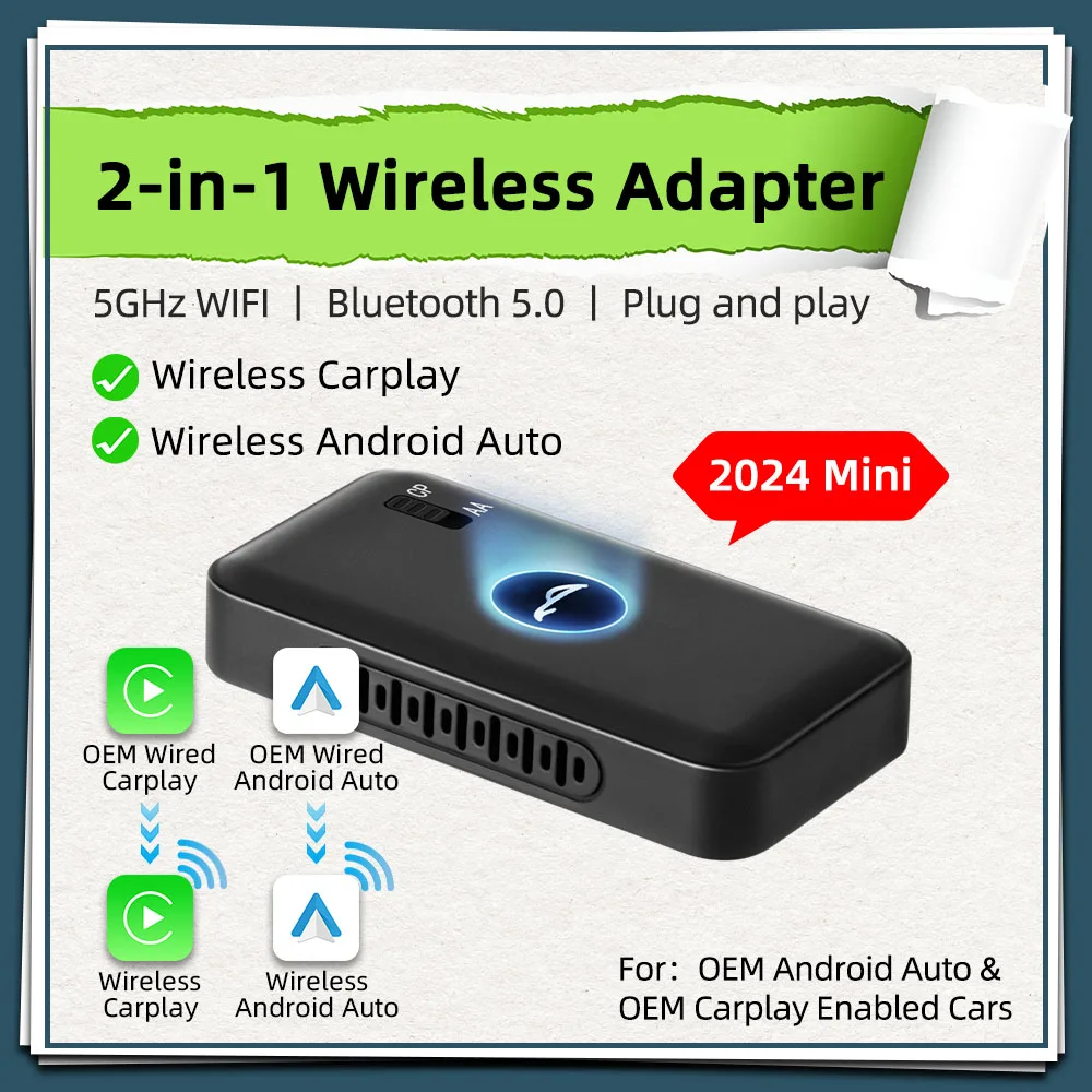 Mini 2in1 Wireless Adapter Carplay Android Auto for Car Pplay Wired To Wireless Smart Ai Box Bluetooth WiFi Auto Connect 2024New