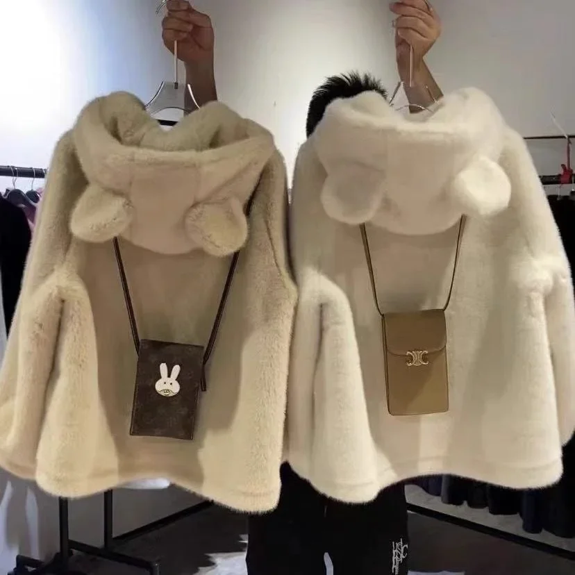 Winter Bear Ears New Gold Mink Fleece Environmentally Friendly Fluffy Medium and Long Hooded Jacket