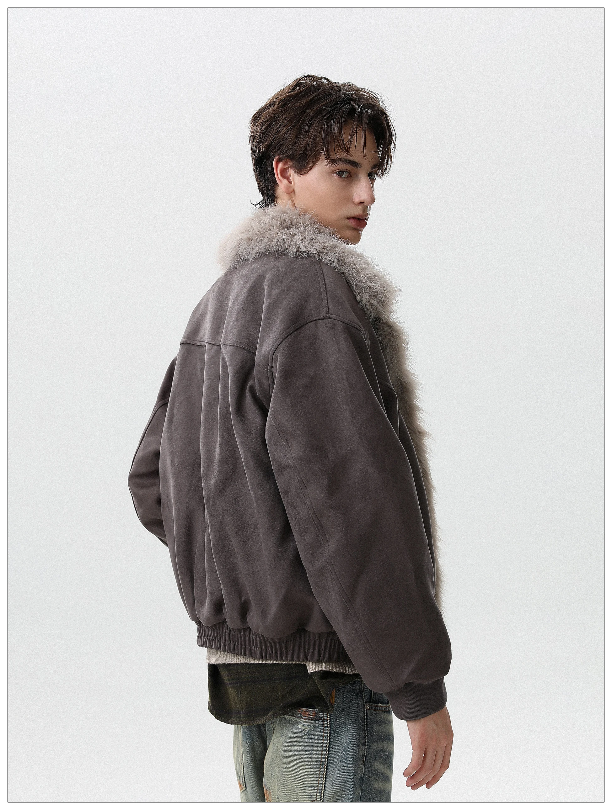 Men's 2025 Autumn New American Style Retro Faux Fur Integrated Thickened Warm Parkas Lapel Trend Cotton Jackets Solid Color Tops