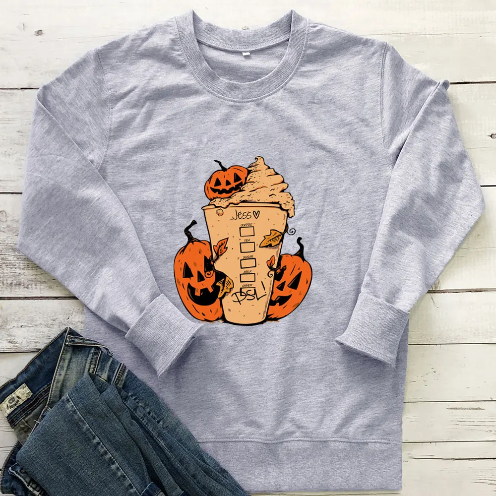 

Pumpkin Coffee Graphic Printed Funny Halloween Sweatshirt 100%Cotton Women Sweatshirt Unisex Autumn Funny Casual Long Sleeve Top