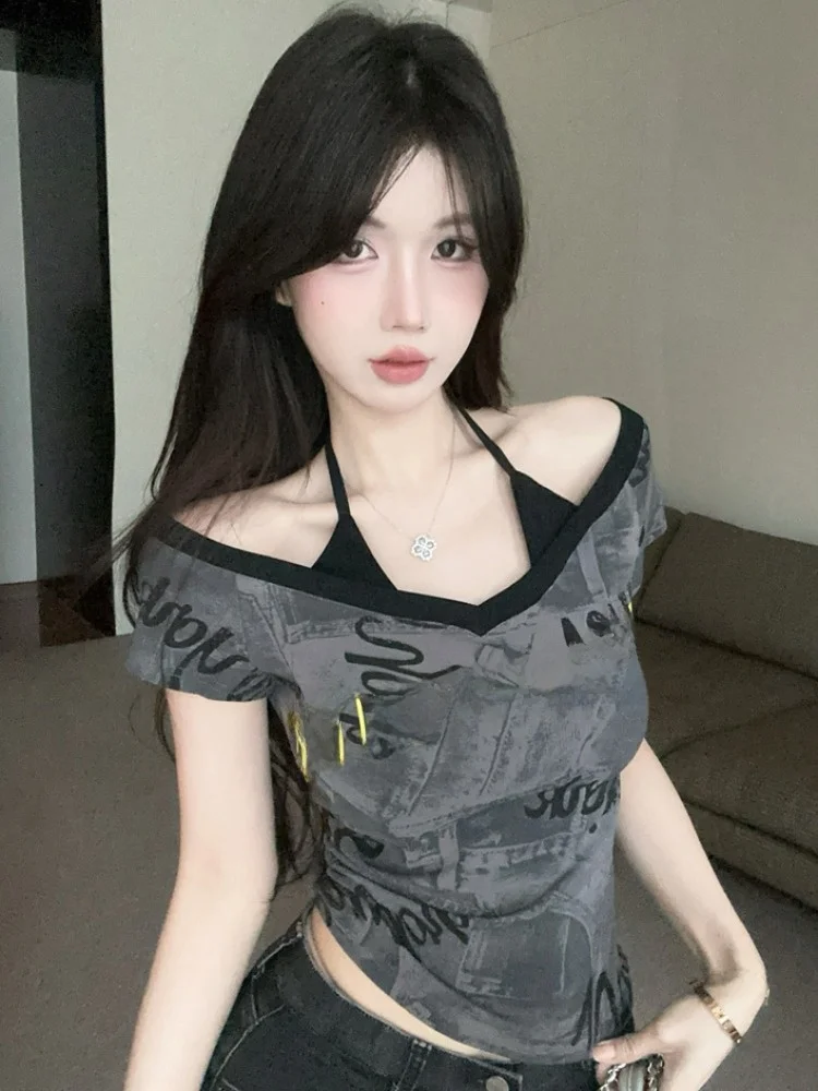 

Korean Style Pure Desire Hot Girl Letter Print Halter Neck Short Sleeve T-Shirt Women's Summer New Design Sexy Shoulder Barin...