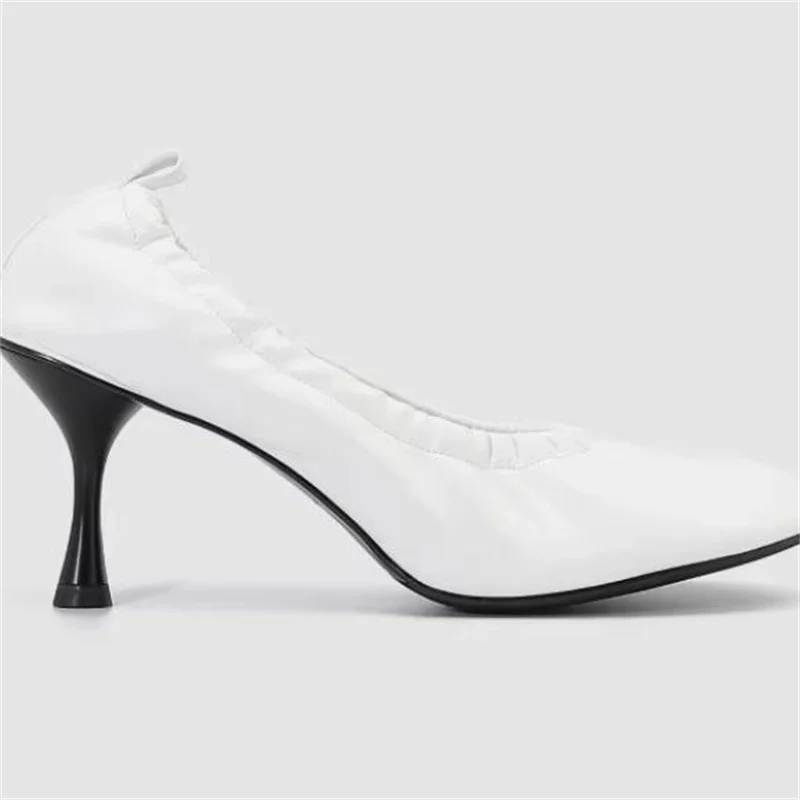 

Pleated Shoes for Ladies Square Toes High Heels Sewing Lines Tacones PU Leather Womens Pump Shallow Zapatos Mujer Solid Chassure