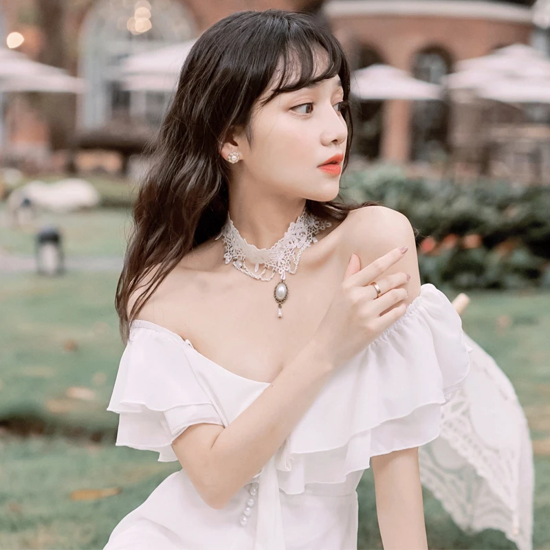 White Imitation Pearl Lace Choker Necklace Women's Bridal Punk Style Tassel Jewelry Wedding Tattoo Pendant Accessory