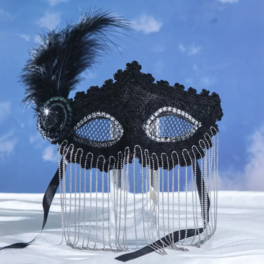 Lace Feather Venice Mask Masquerade Jewelry Carnival Costume Props Veil Tassel Mask Rhinestone Facial Jewelry Accessories Women