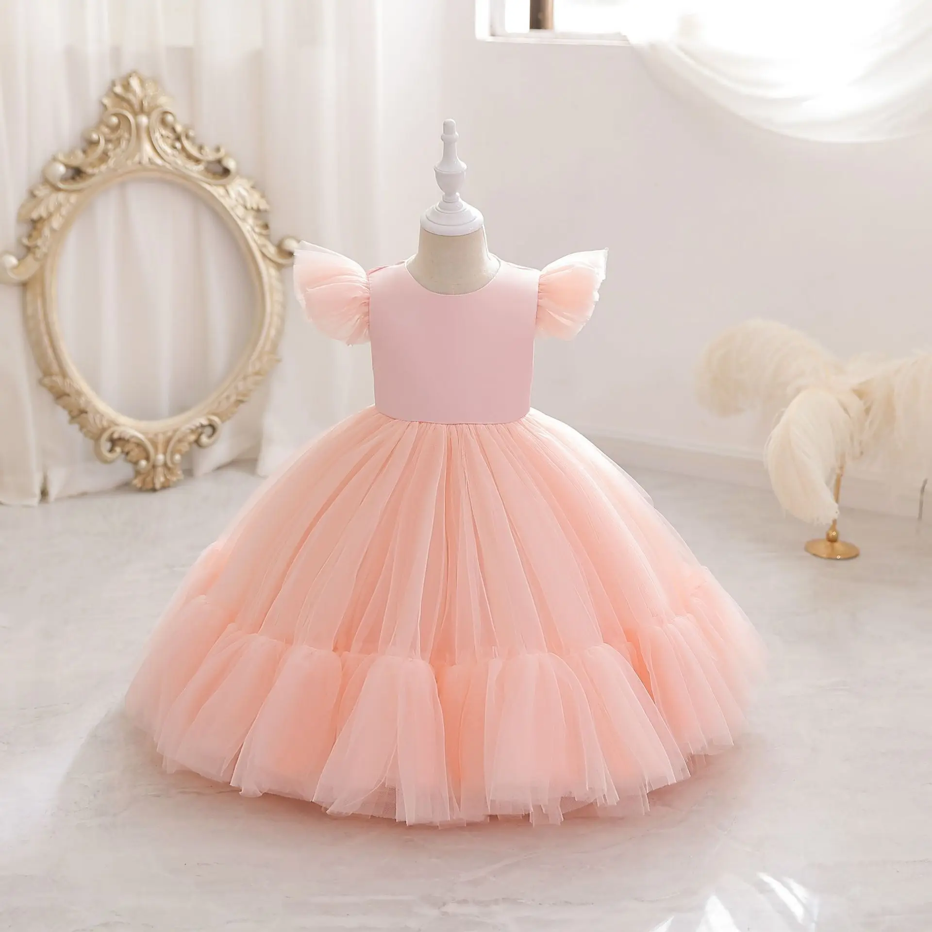 Elegant Girl Fluffy Dress Lace Tulle Princess Wedding Ceremony Costume Birthday Outfits White 1st Communion Gown Kids Gala Cloth