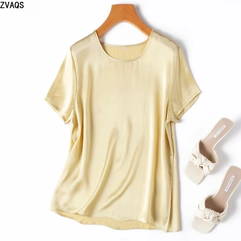 ZVAQS 100% camisetas de seda Mulberry, camiseta elegante de satén para mujer, camisetas de verano de seda de alta calidad en 27 colores, ropa de mujer 2025 Топ