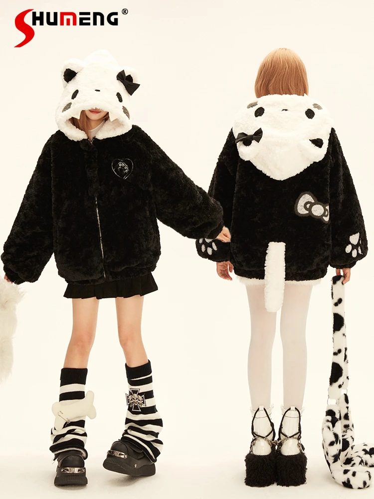 

Sweet Cute Panda Zip Up Hooded Sweathsirts Cotton Padded Coats Fluffy Soft Waxy Thickened Warm Quilted Coats Winter Jacket Women