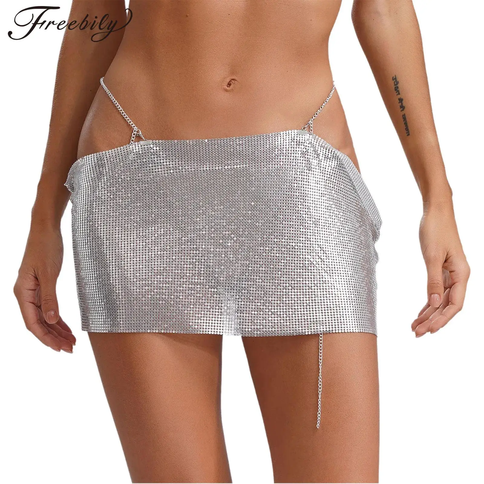 Women Sparkly Sequin Mini Skirt Gold Silver Low Waist Metal Chains Waistband Glitter Skirt Female Sexy Party Club Evening Skirts