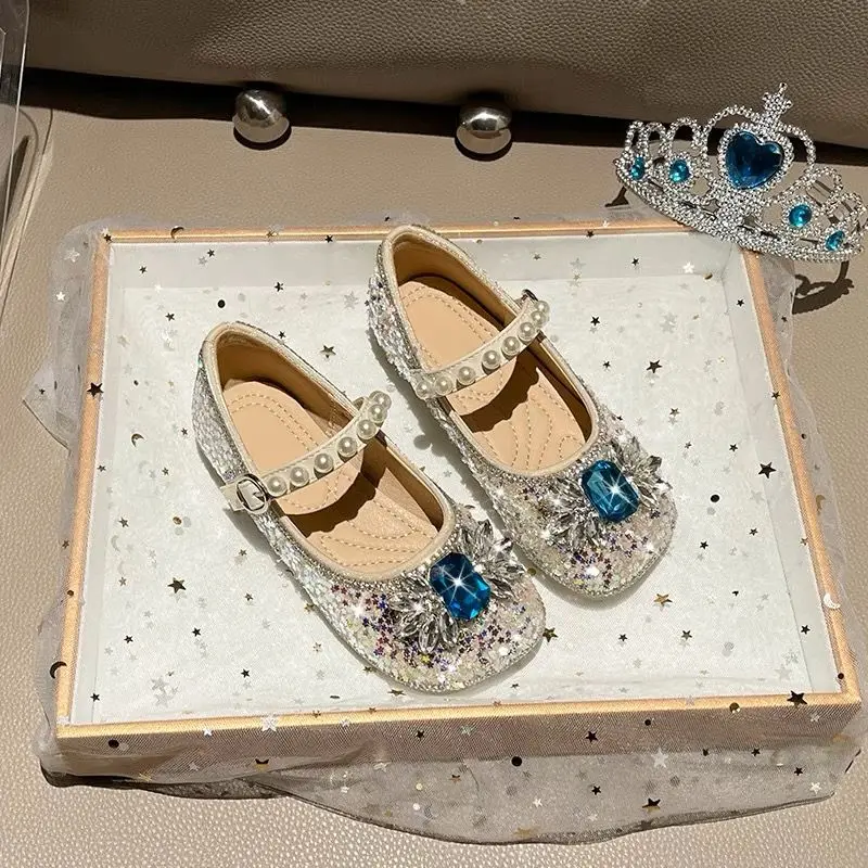 

2026 Spring Autumn New Princess Shoes Crystal Pearl Sequins Girls Party Wear Footwear Fashionable Design