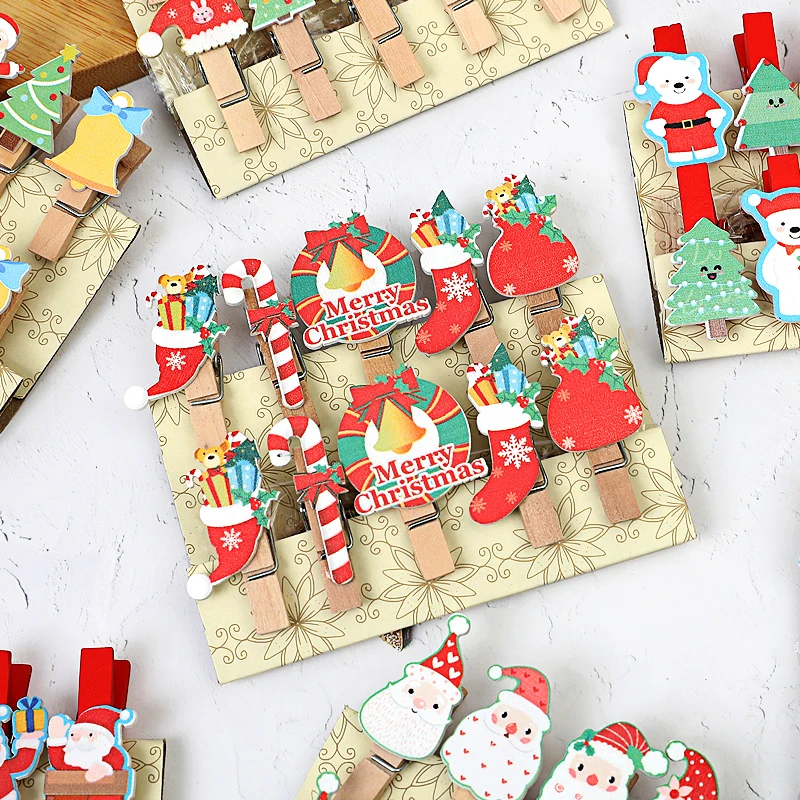 10Pcs Christmas Wooden Clips Xmas Tree Santa Claus Gloves Photo Frame Paper Peg Pin Clothespin Craft Clips New Year DIY Decor