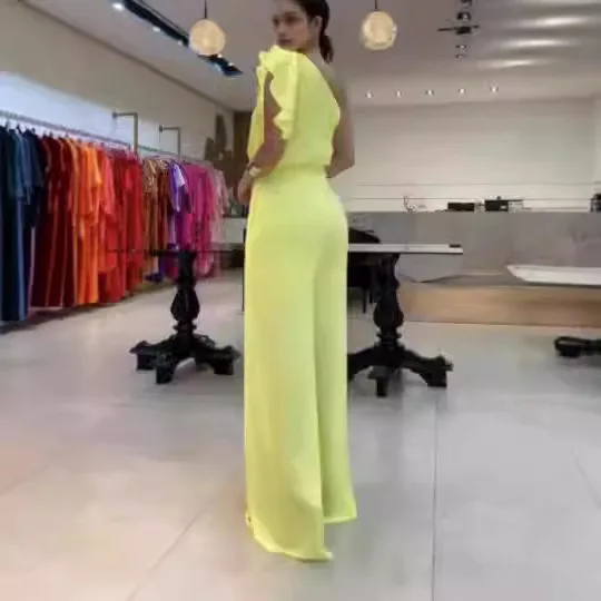 Long Asymmetrical Yellow Three-dimensional Flower Fashion Diagonal Shoulder Wide Leg Jumpsuit Summer New Fashion Women's
