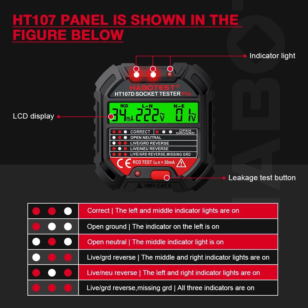 HABOTEST HT107 Socket Tester Pro Voltage Test RCD 5/30mA Socket Detector Ground Zero Line Plug Polarity Phase Check