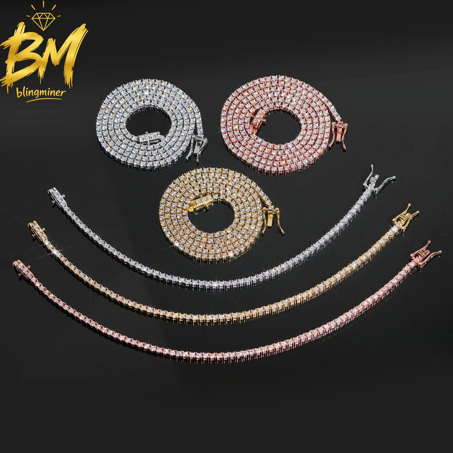 Blingminer S925 Silver 2.5mm VVS Moissanite Tennis Chain Iced Out Necklaces For Men S925 Silver Pass Diamonds Tester GRA