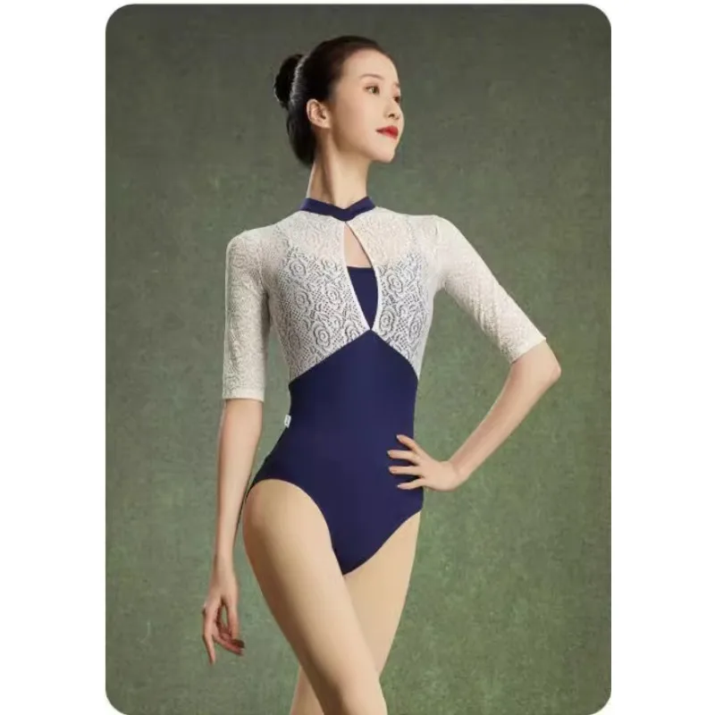 customized Ballet bodysuit with lace patchwork high hips mid sleeves women's art exam jumpsuit basic training gymnastics leotard