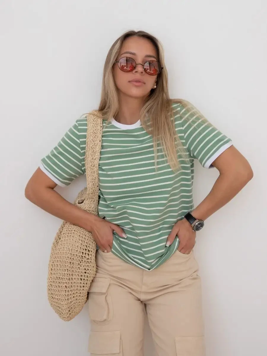 Women'S Contrasting Striped Printed T-Shirt Round Neck Loose Short Sleeved Fashionable And Simple Commuting Top Tee