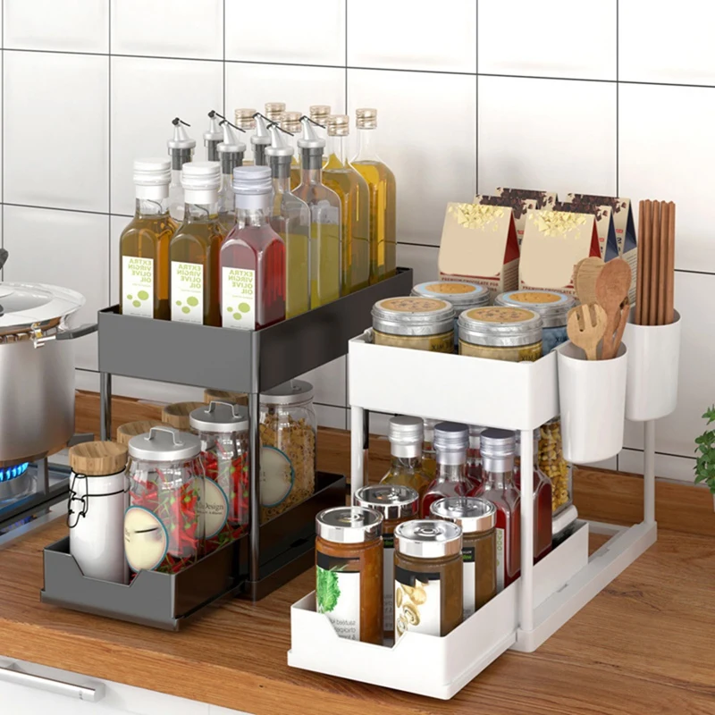 Multifunctional Kitchen Rack Pull-Out Spice Rack Double-Layer Cabinet Storage Rack White-SPMI