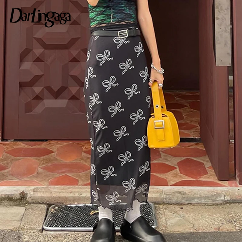 Darlingaga Vintage Frill Bow Printed Mesh Skirt Women Y2K Aesthetic Ruched Slim Chic Party Long Skirt Double Layer Outfits Cute