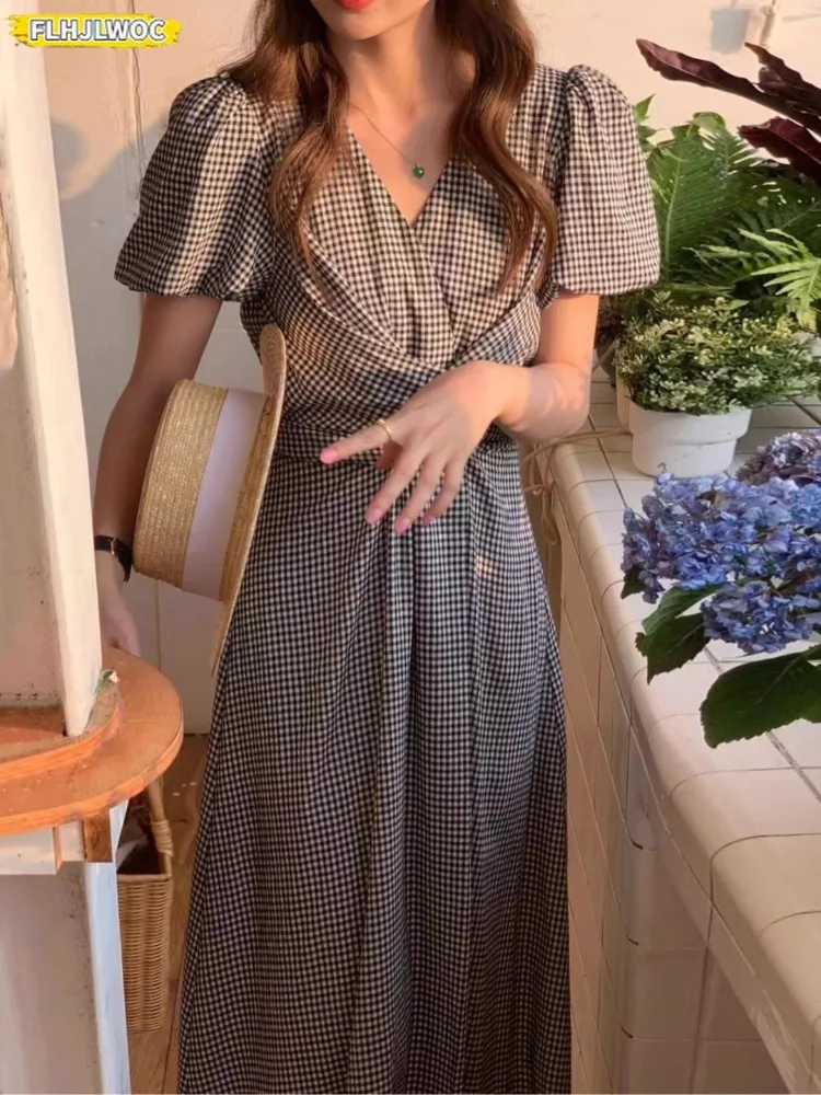 Plaid Dresses Summer Women Korean Japan Preppy Style Clothes V Neck Pink Yellow Cross Criss Lace-Up  Vintage Cotton Blends Dress