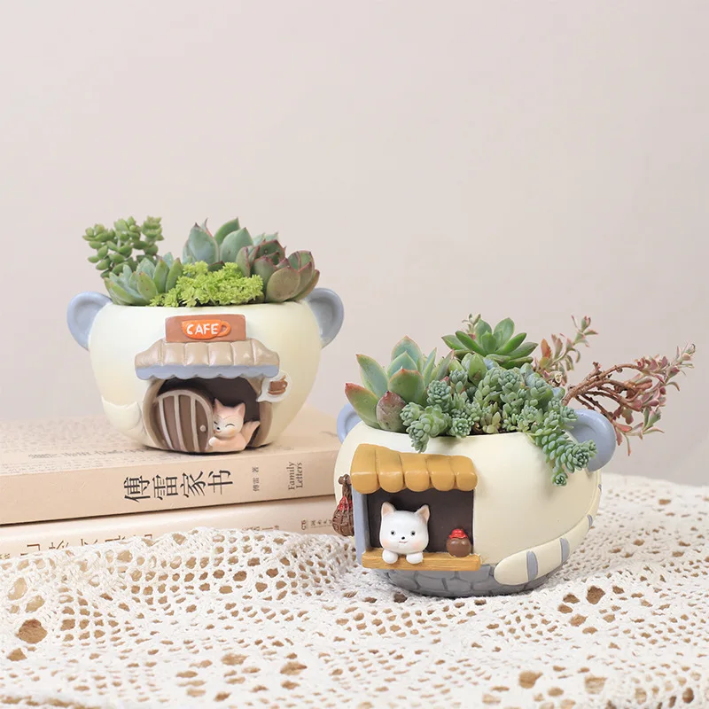 Cartoon Creative Home Gardening Tabletop Landscape Pot Resin Fleshy Handmade Small Flower Pot, Tabletop Micro Landscape