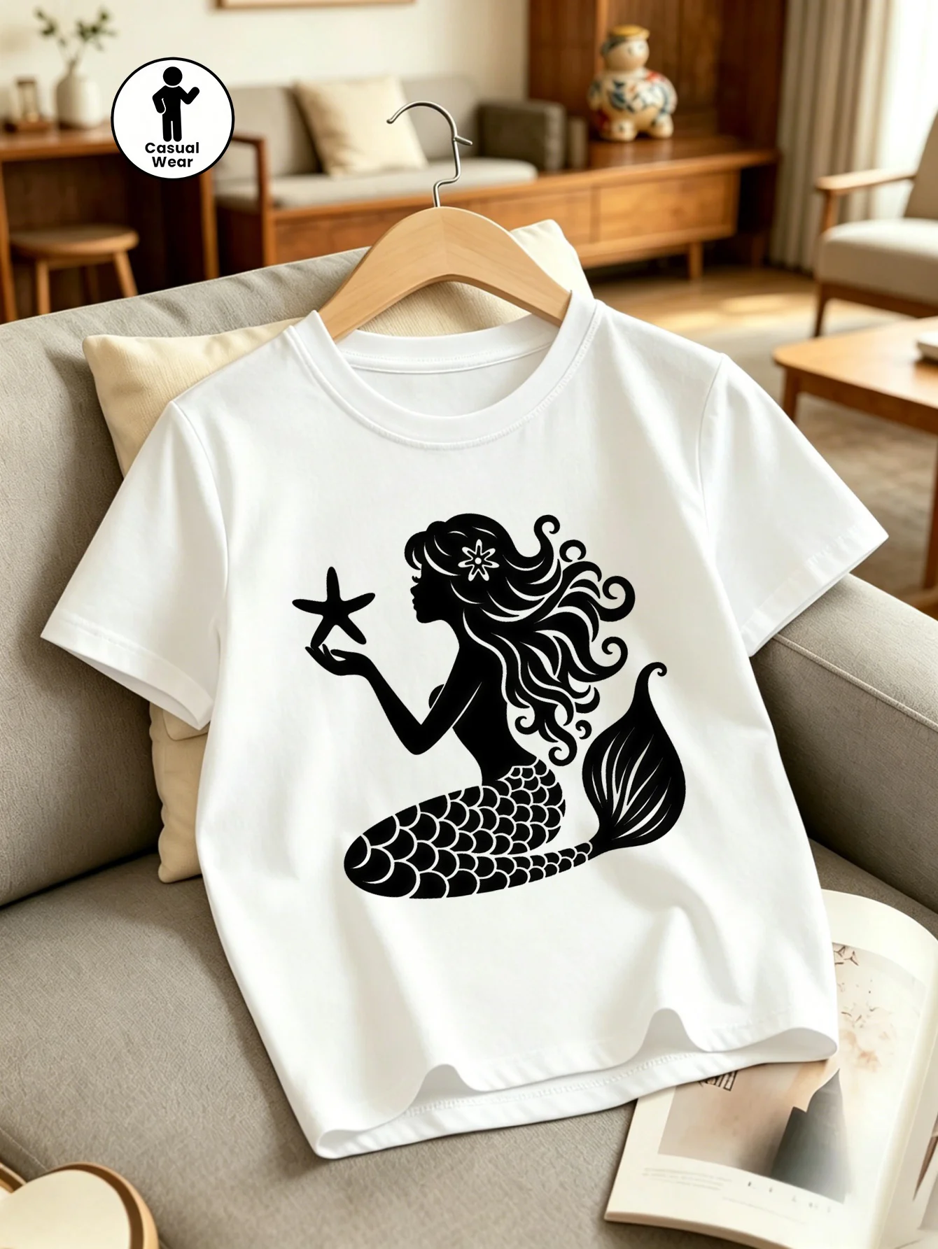 Kids Mermaid Silhouette Starfish Ocean Graphic Tee Boys Girls Family Matching Short Sleeve Fantasy Beach Casual Everyday T Shirt