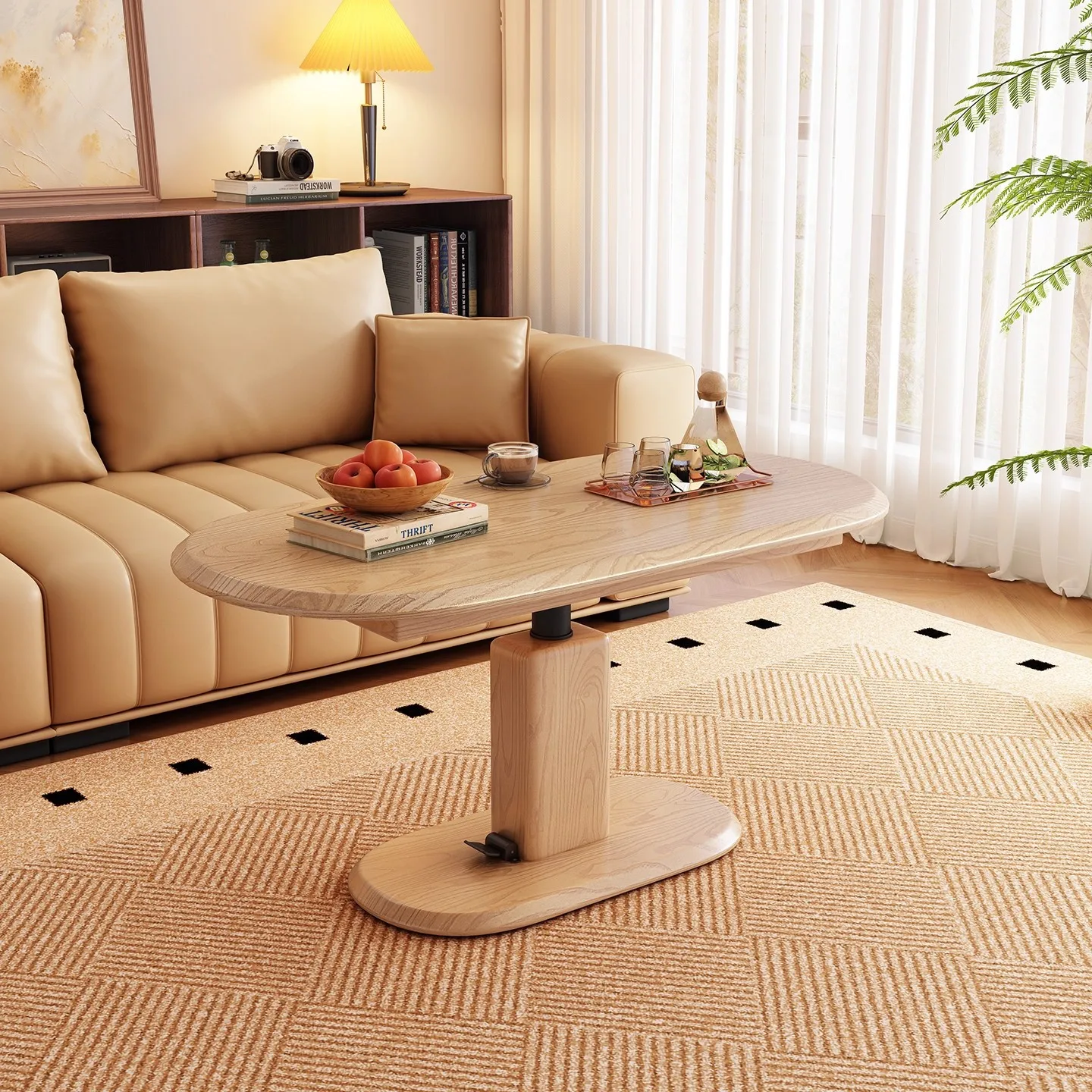 HYS solid wood liftable tea table multi-functional ash wood texture sofa thickened edge table simple living room dining table