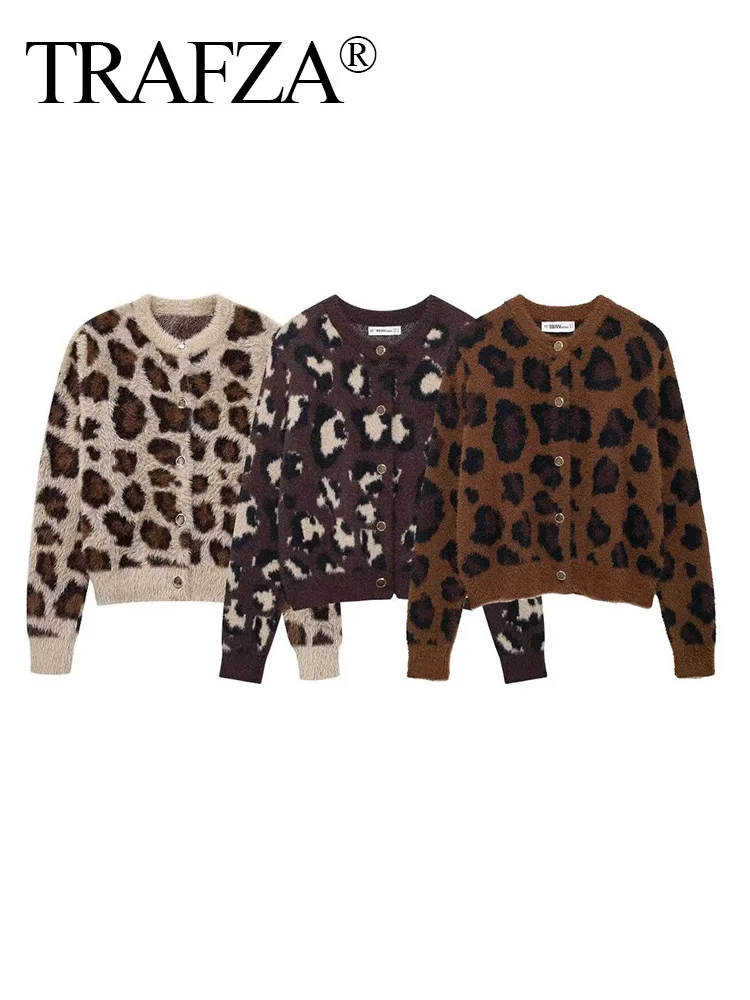 

TRAFZA Women Spring Fashion Trend Knitted Cardigan Single Breasted Sweaters Coat Female Elegant Women's Animal Print Sweater