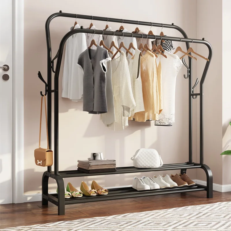 

Multifunctional Floor Coat Rack Hanger Drying Rack Simple Indoor Balcony Windproof Bold Double Pole Clothes Drying Rack