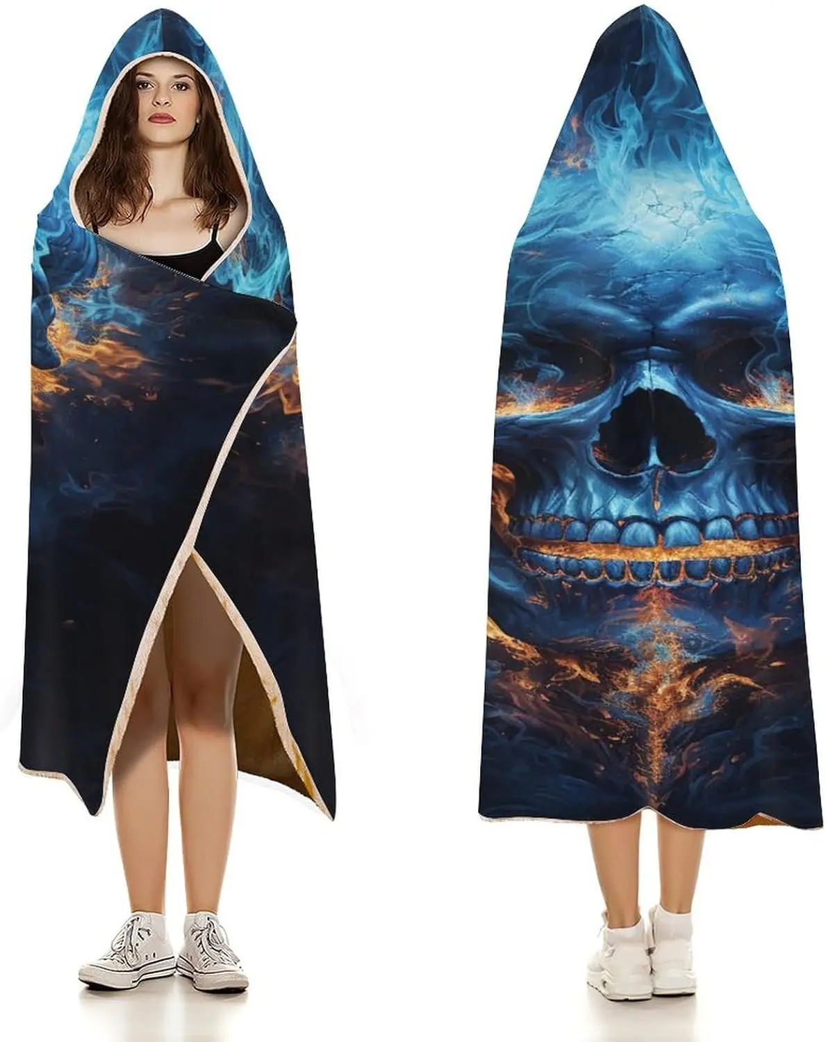 Blue Flame Skull Hooded Blanket Soft Fleece Throw Skull Plush Wearable Blanket Hoodie for Adult Kids
