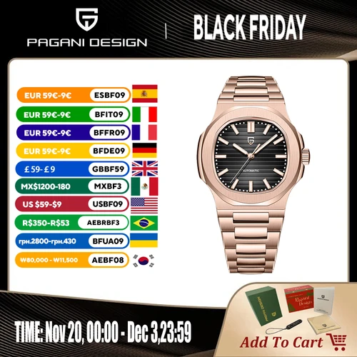 Relojes PAGANI DESIGN 2025, reloj mecánico automático de lujo de oro rosa para hombre, reloj resistente al agua de acero inoxidable con cristal de zafiro