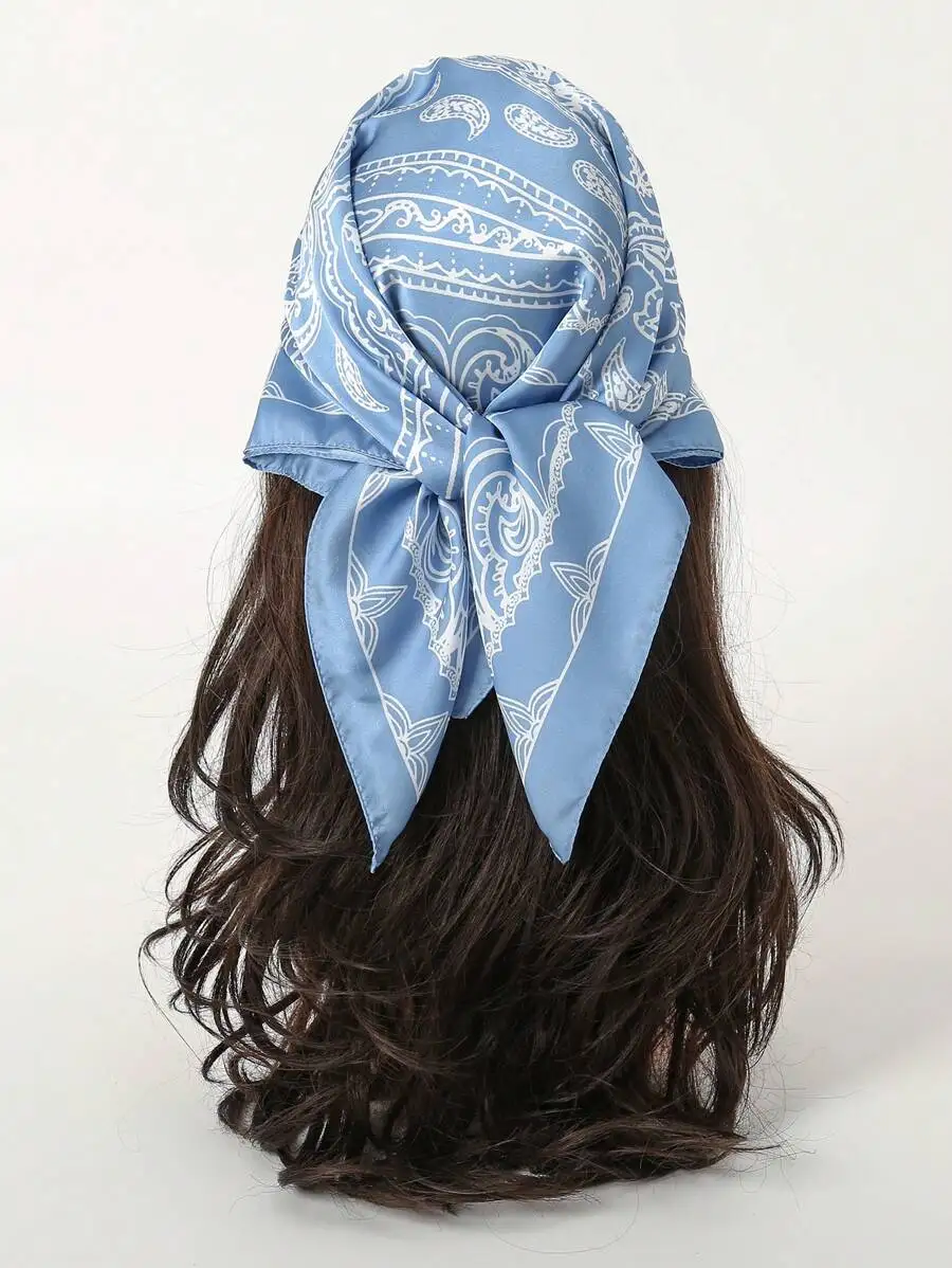 

70cm Floral Paisley Printed Square Scarf For Women, Versatile Headband Waistband Bag Accessory