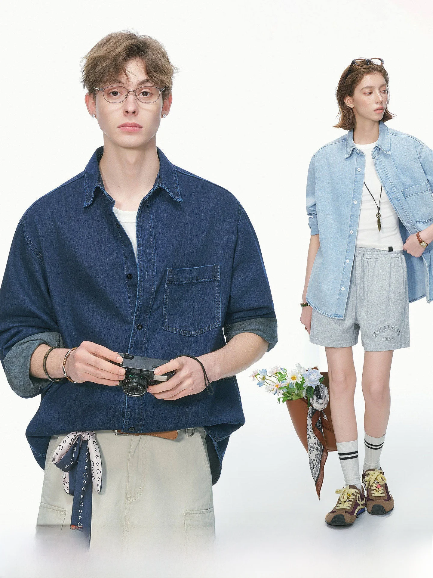 Washed Denim Long Sleeve Shirt Unisex Autumn Wear Couple's Dream Made American High-End Style Loose Fit Cotton Polyester Blend