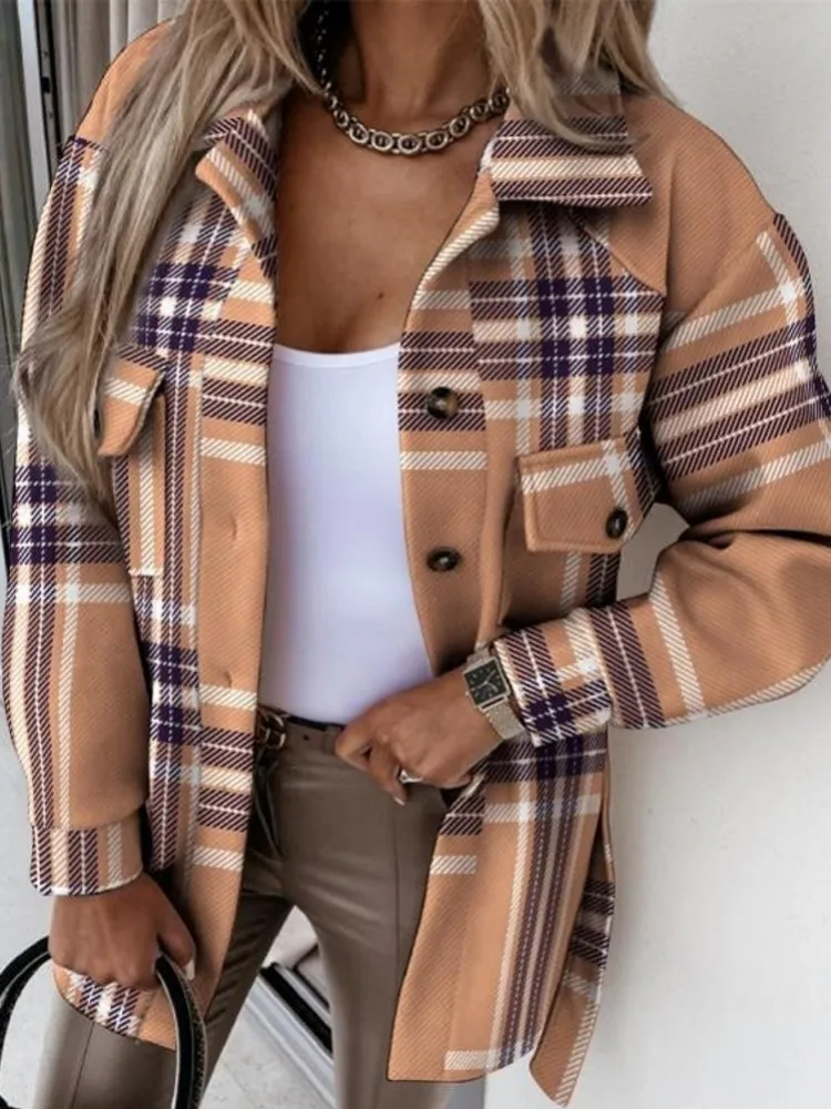 

French Vintage Coat 2025 Autumn Winter Single-Breasted Women's Chic Long Sleeve Grid Jacket Trendy Korean Style Loose Fit