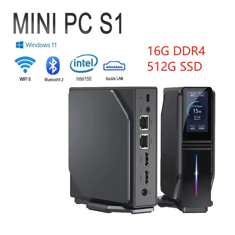 Intel Twin Lake N150 Mini Pc, 16g Ddr4 512g Ssd, 1.9-Inch Lcd Smart Screen, 4K Dual Hdmi, Lan Ports Magnetic Detachable Shell