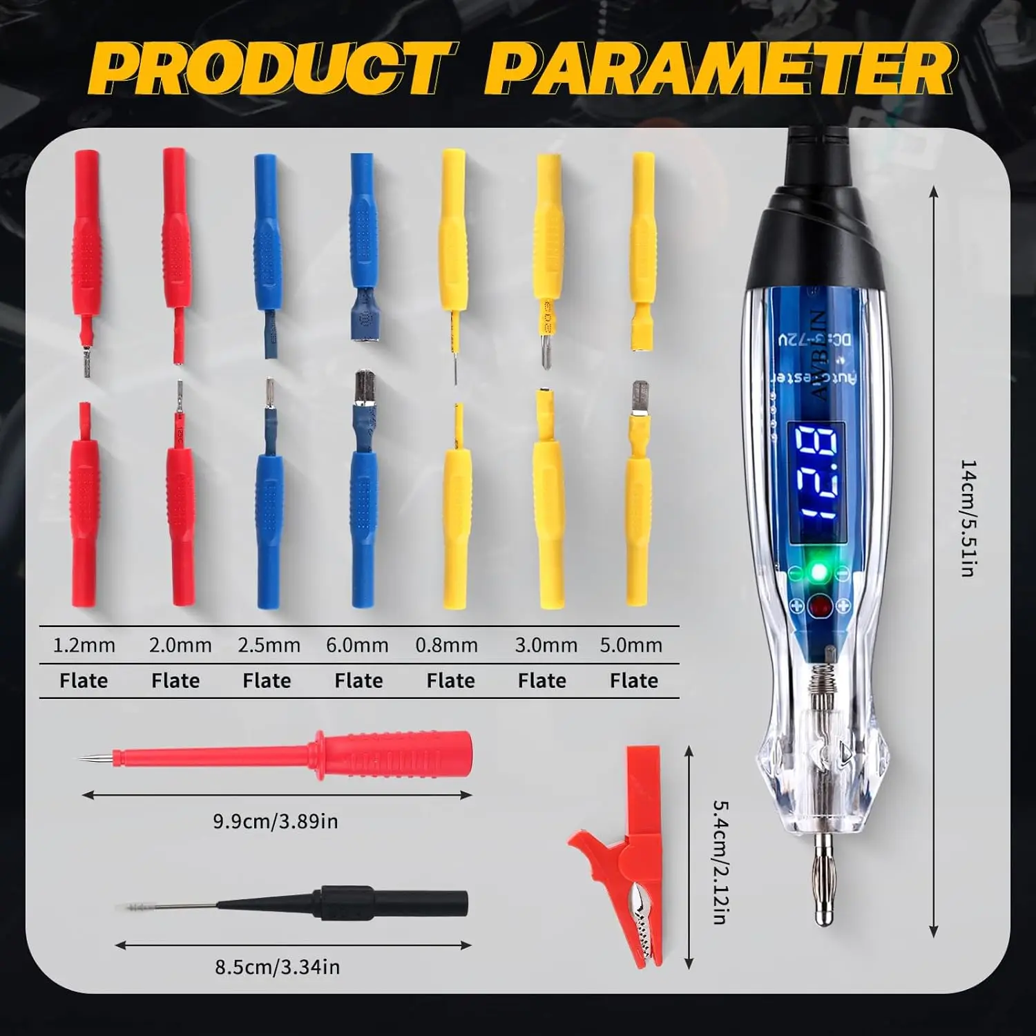 Kit sonda luce di prova, voltmetro LED CC 3-72 V, tester di tensione con fusibile automatico da 18 pezzi