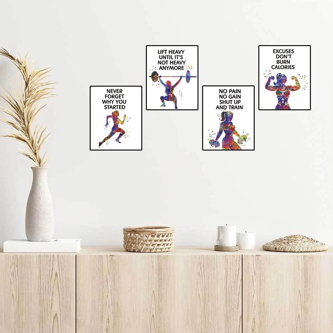 4Pcs Women Fitness Motivational Metal Tin Signs, Colorful Watercolor Gym Slogan Iron Plaque, Inspirational Workout Wall Decor