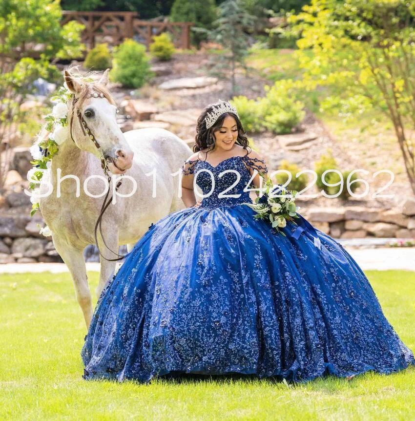 Vestido princesa Quinceanera com espartilho floral, saia puffy, vestido azul marinho, espartilho frisado, 15