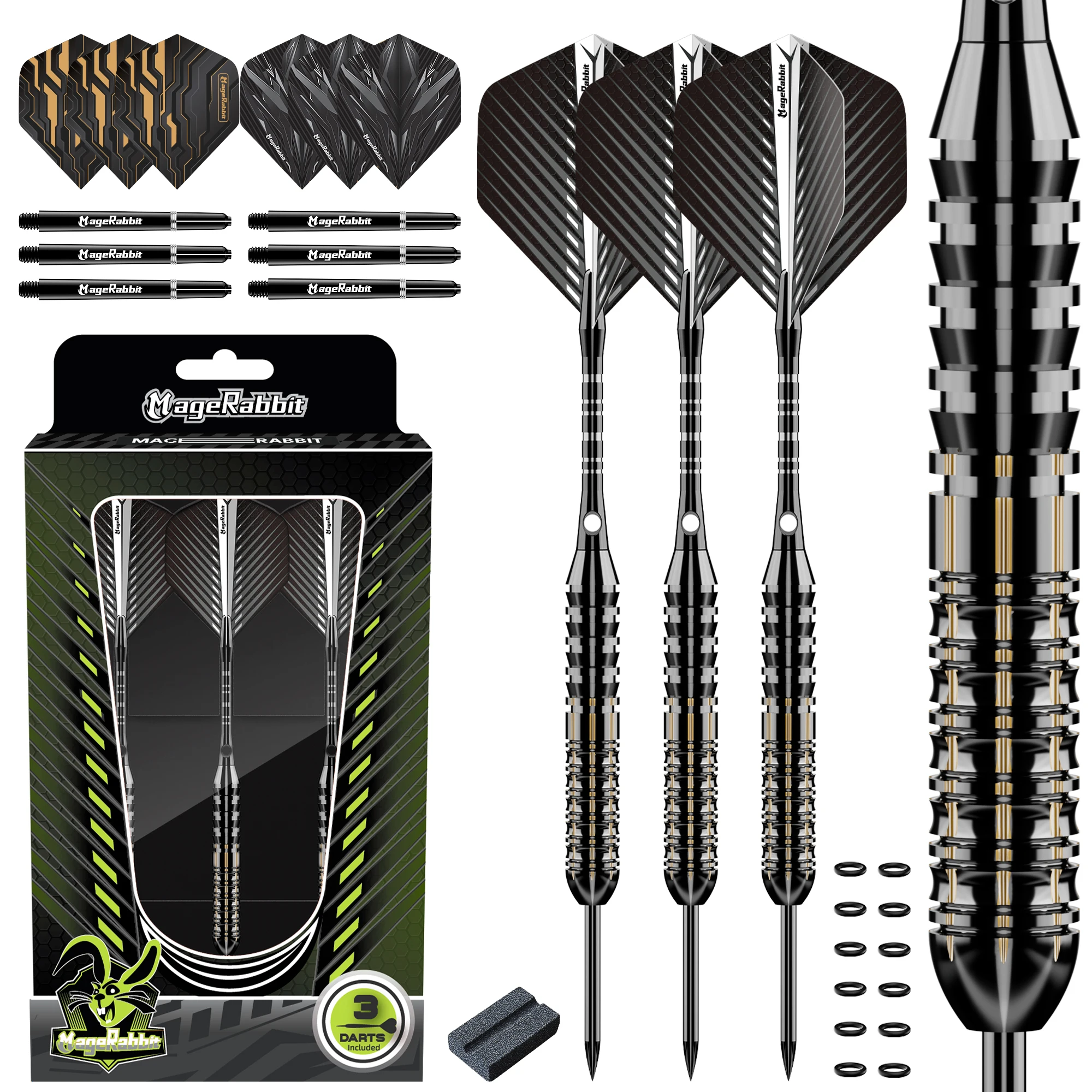 MageRabbit Pro 21g Steel Tip Darts Set 3pcs | Brass Barrels, Aluminum Shafts, Pro Flights, Sharpener, Giftable Case