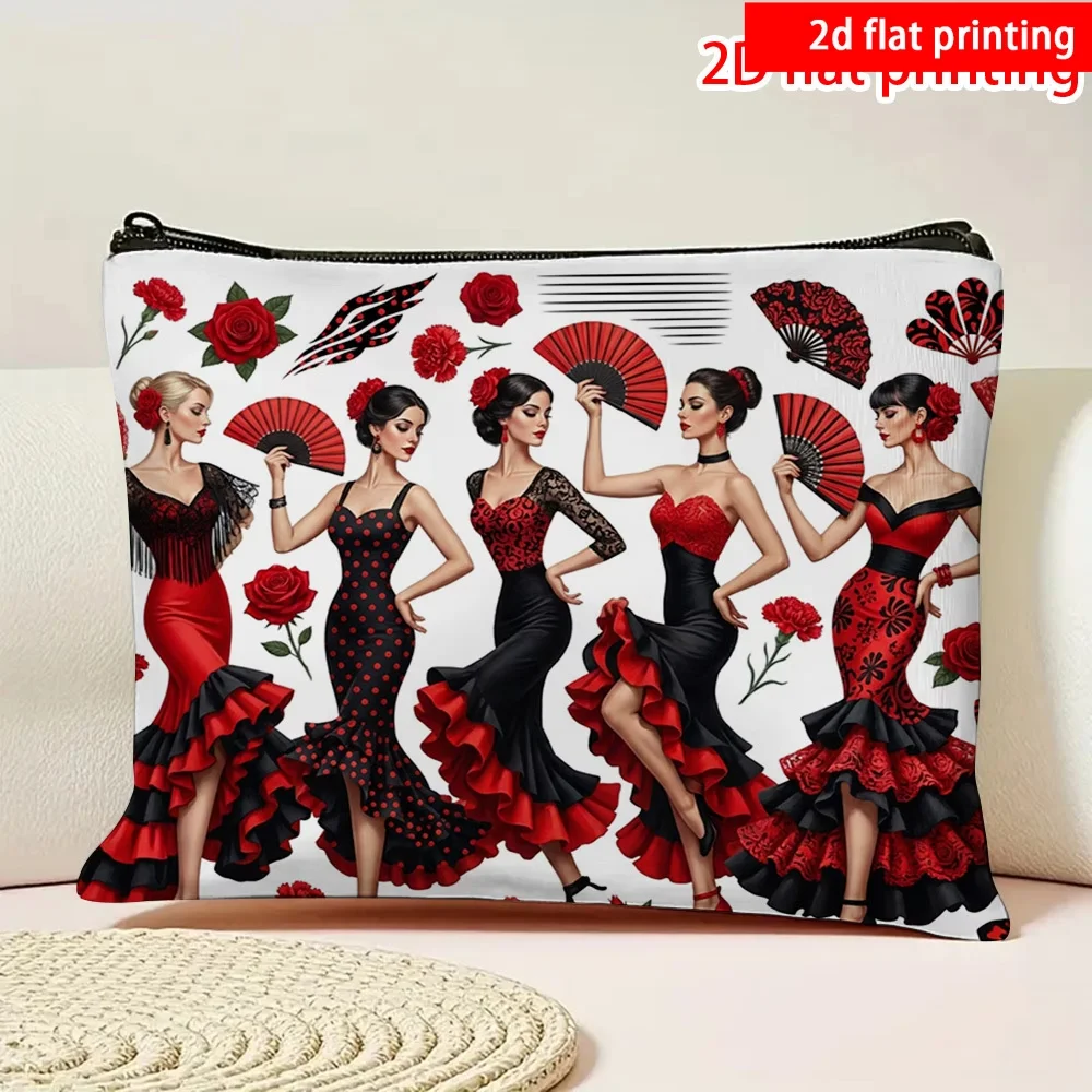Bolsa de cosméticos con estampado plano 2D de un vestido de flamenco español. Portátil para viajes, uso diario y regalos, encantadora cultura española
