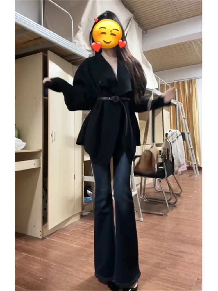 

Extended Length Deep Blue V Waist Flared Jeans Women's Slimming Low Waist Spring Autumn High Rise Wide Leg Pants