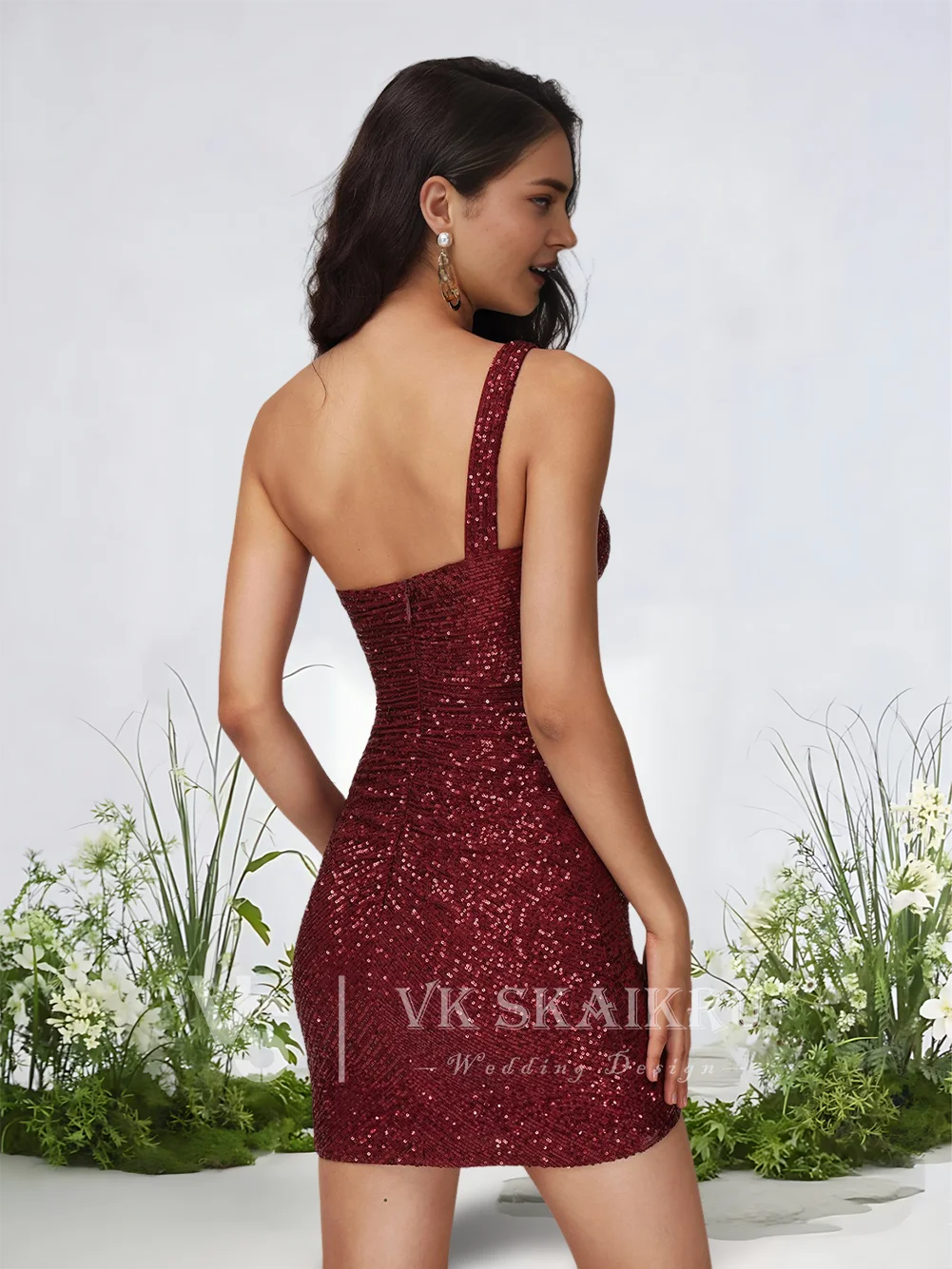 A Burgundy Homecoming Dresses 2025 Sparkling Bodycon One Shoulder Mini Sequin Dress Prom Graduation Cocktail Wedding Party Gown