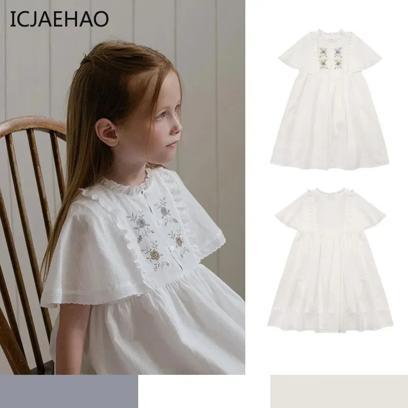 Baby Girls Princess Elegant Smocked Dresses Flower Printing Kids Solid Handmade Cotton Outfit New Summer Matching 2024