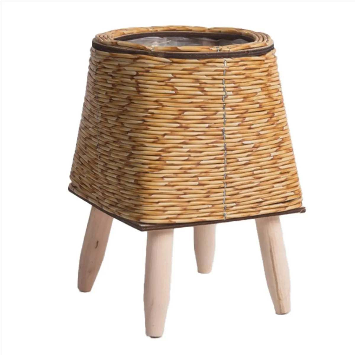 A06K 2X Vintage Imitation Rattan Woven Flower Shelf Planters Handmade Storage Basket with Wooden Legs Plant Pot Stand,C