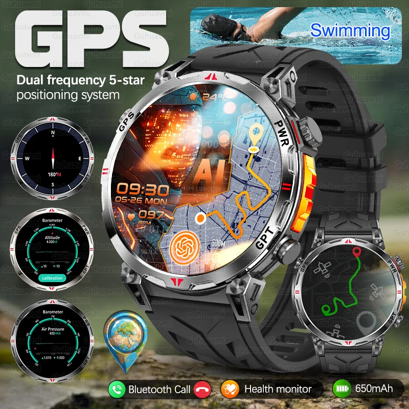 

2025 New Military GPS SmartWatch For Men 650Mah Battery Compass Altitude 3ATM Waterproof Tactics 100+ Sport BT Call Smart Watch