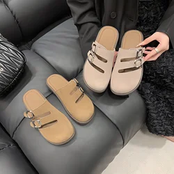 2024 New Women's Suede Mules Slippers Platform Flats Boston Clogs Sandals Fashion Outdoor Indoor Slip On Beach Woman Soft Shoes