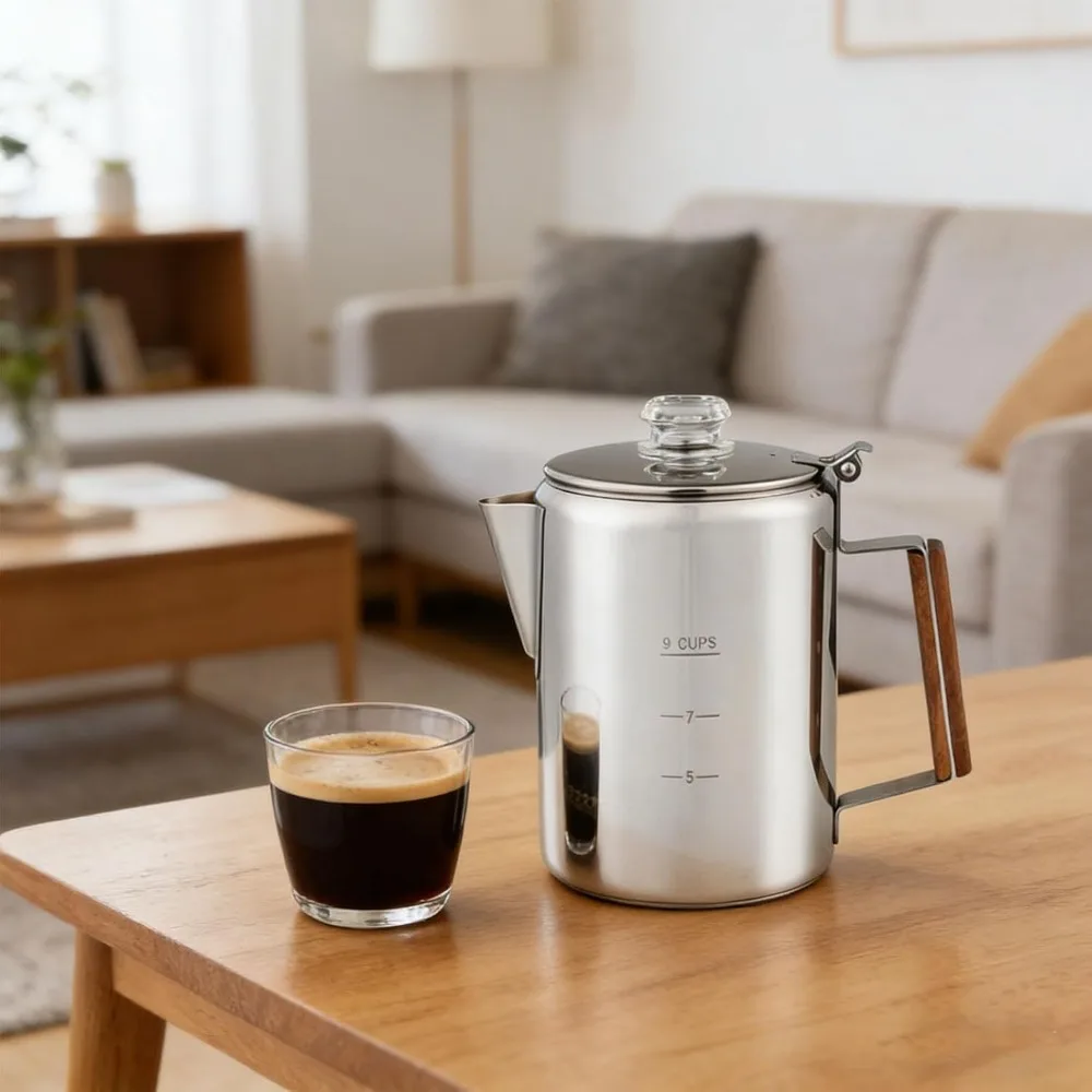9 Cup Capacity Camping Percolator Coffee Pot Stainless Steel Material Removable Lid Camping Coffee Pot Wood Handle